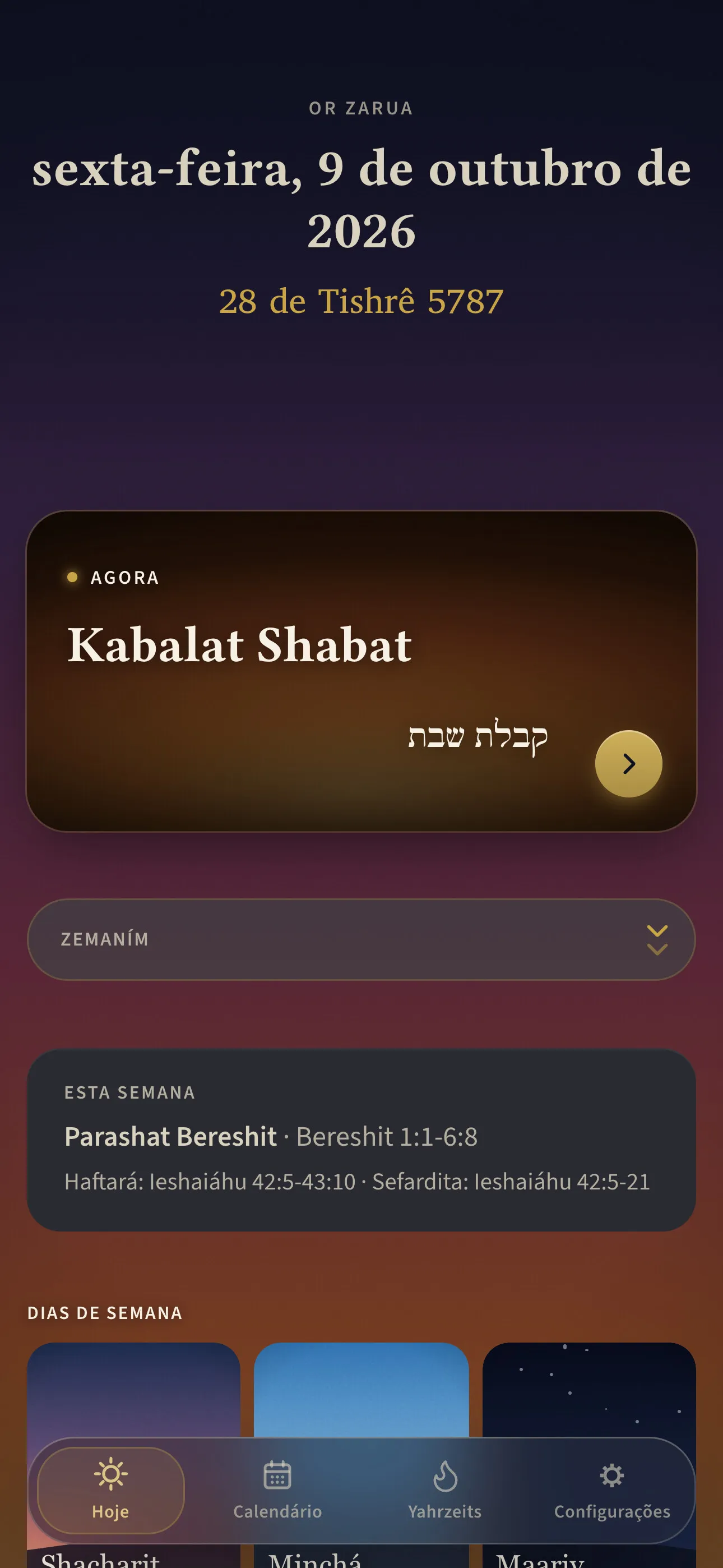 A tela inicial do app, com a reza da hora