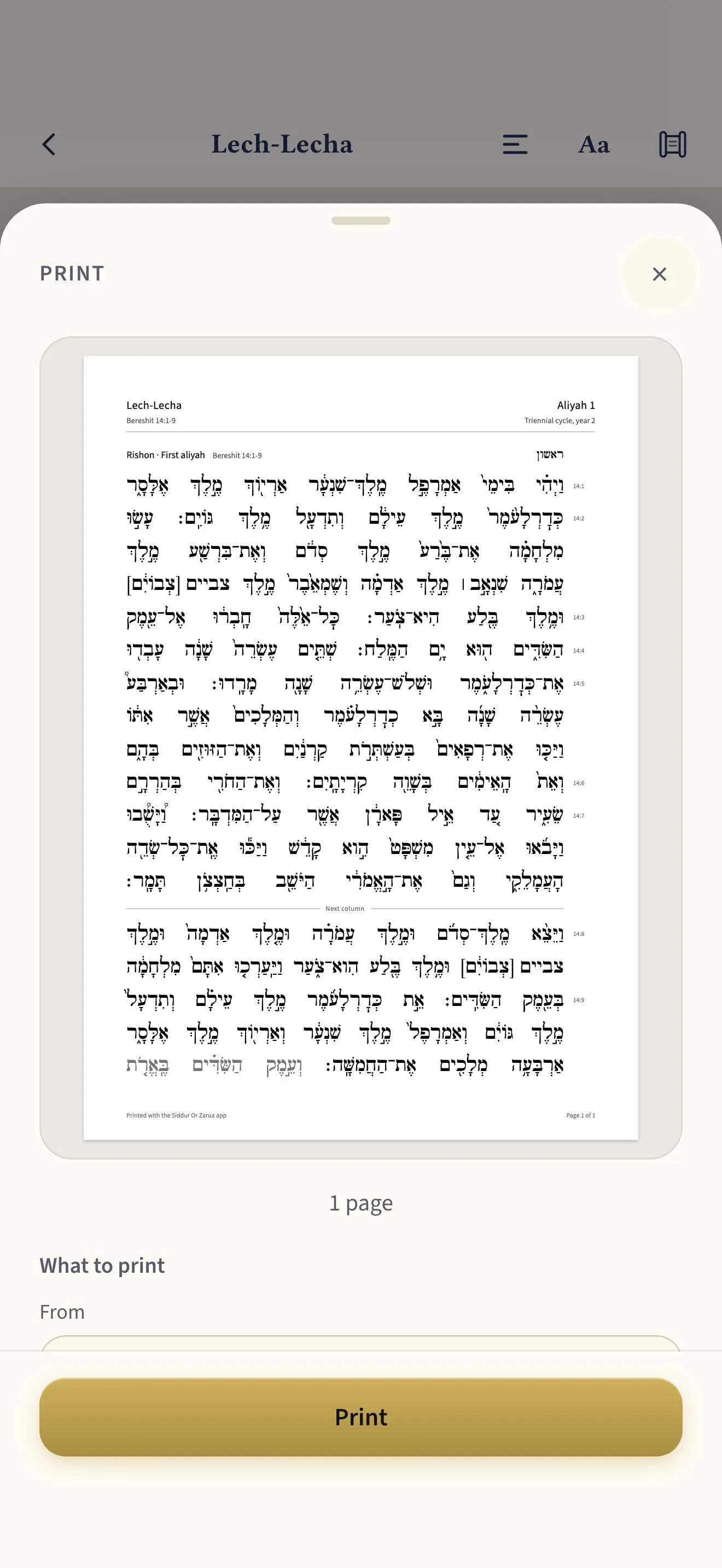 Printing an aliyah from the app